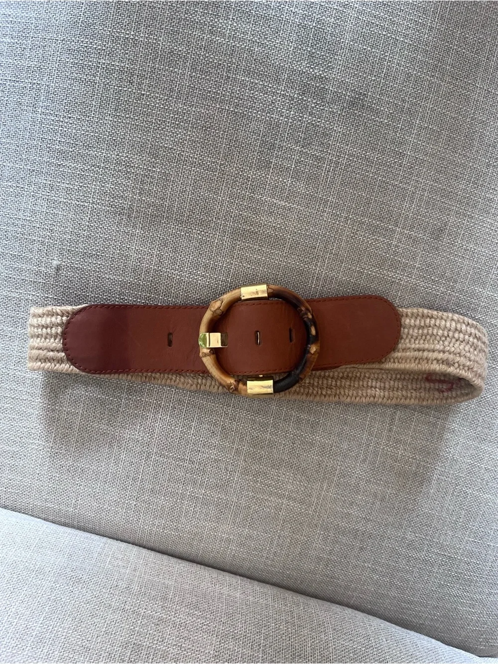 Woven Beige and Brown Waist Belt with Tortoiseshell Ring